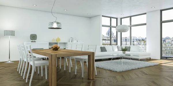 Современный светлый обеденный зал скандинавского дизайна интерьера — стоковое фото