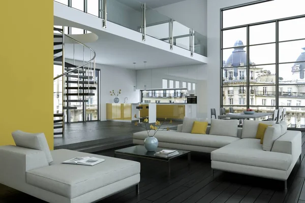 Modern bright loft with big Windows interior design — Stock Photo, Image