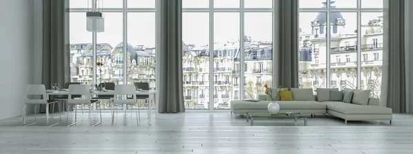 Moderne helle Loft mit großen Fenstern Inneneinrichtung — Stockfoto