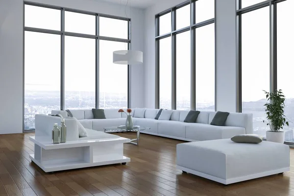Moderne helle Loft mit großen Fenstern Inneneinrichtung — Stockfoto