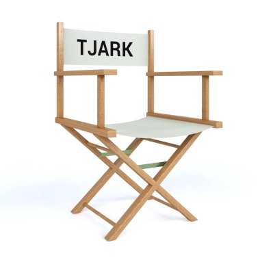 Yönetmen koltuğu izole beyaz arka plan üzerinde yazılı Tjark