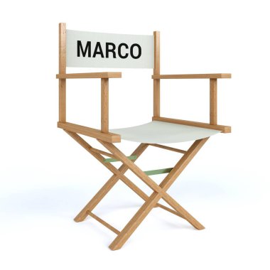 Yönetmen koltuğu izole beyaz arka plan üzerinde yazılı Marco