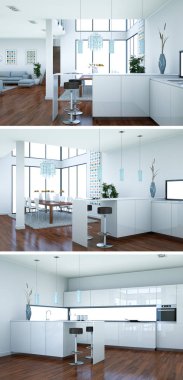 Güzel bir tasarım ile modern bir mutfak, üç kez bakıldı