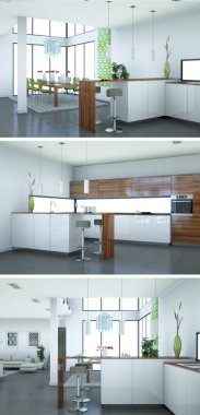 Güzel bir tasarım ile modern bir mutfak, üç kez bakıldı