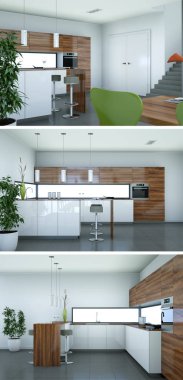 Güzel bir tasarım ile modern bir mutfak, üç kez bakıldı