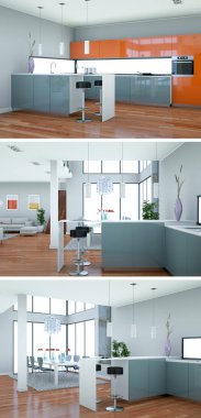 Güzel bir tasarım ile modern bir mutfak, üç kez bakıldı