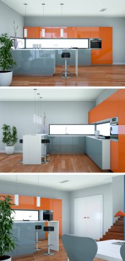 Güzel bir tasarım ile modern bir mutfak, üç kez bakıldı