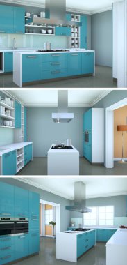 Güzel bir tasarım ile modern bir mutfak, üç kez bakıldı