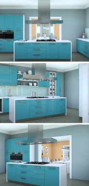 Güzel bir tasarım ile modern bir mutfak, üç kez bakıldı