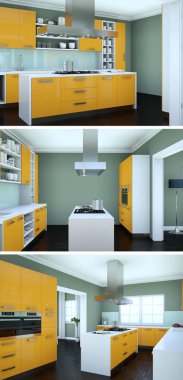 Güzel bir tasarım ile modern bir mutfak, üç kez bakıldı