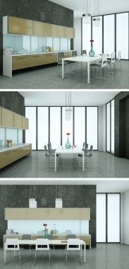 Güzel bir tasarım ile modern bir mutfak, üç kez bakıldı