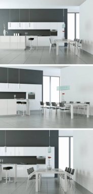 Güzel bir tasarım ile modern bir mutfak, üç kez bakıldı