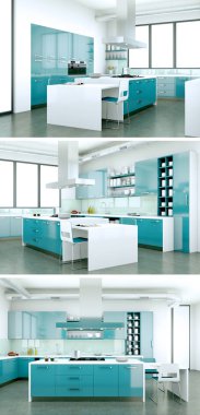 Güzel bir tasarım ile modern bir mutfak, üç kez bakıldı