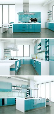 Güzel bir tasarım ile modern bir mutfak, üç kez bakıldı