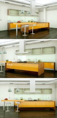 Güzel bir tasarım ile modern bir mutfak, üç kez bakıldı