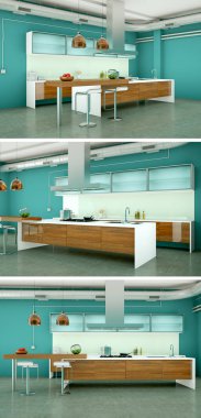 Güzel bir tasarım ile modern bir mutfak, üç kez bakıldı