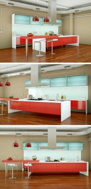 Güzel bir tasarım ile modern bir mutfak, üç kez bakıldı