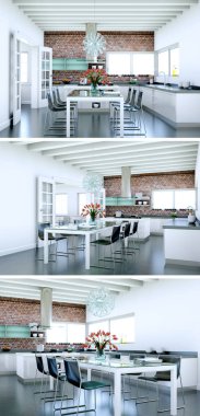 Güzel bir tasarım ile modern bir mutfak, üç kez bakıldı