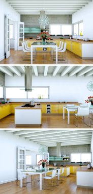 Güzel bir tasarım ile modern bir mutfak, üç kez bakıldı