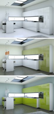 Güzel bir tasarım ile modern bir mutfak üç renk varyasyonları