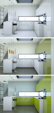 Güzel bir tasarım ile modern bir mutfak üç renk varyasyonları