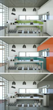 Güzel bir tasarım ile modern bir mutfak üç renk varyasyonları