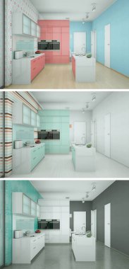 Güzel bir tasarım ile modern bir mutfak üç renk varyasyonları