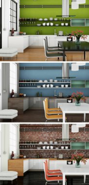 Güzel bir tasarım ile modern bir mutfak üç renk varyasyonları