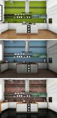 Güzel bir tasarım ile modern bir mutfak üç renk varyasyonları