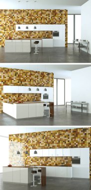 Güzel bir tasarım ile modern bir mutfak, üç kez bakıldı