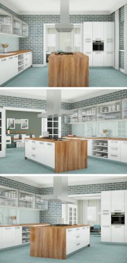 Güzel bir tasarım ile modern bir mutfak, üç kez bakıldı