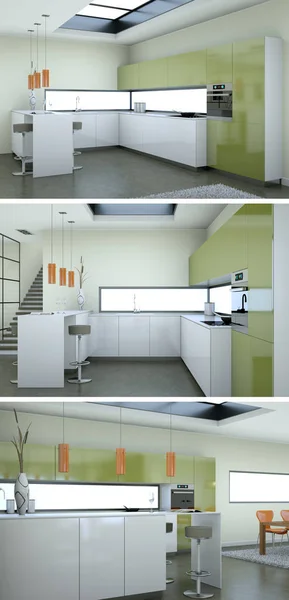 Três vistas de uma cozinha verde com um belo design — Fotografia de Stock