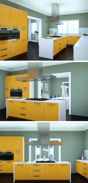 三个现代厨房的风景与一个美丽的设计 — 图库照片
