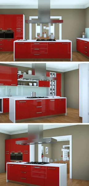 Three views of a modern kitchen with a beautiful design — Stock Photo, Image