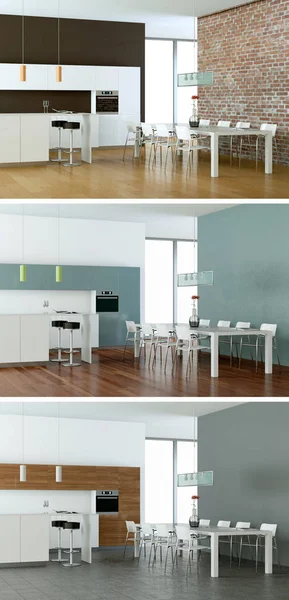 Tre vyer av ett modernt kök med en vacker design — Stockfoto