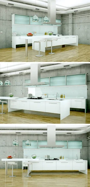 Güzel bir tasarım ile modern bir mutfak, üç kez bakıldı