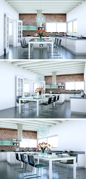 Güzel bir tasarım ile modern bir mutfak, üç kez bakıldı