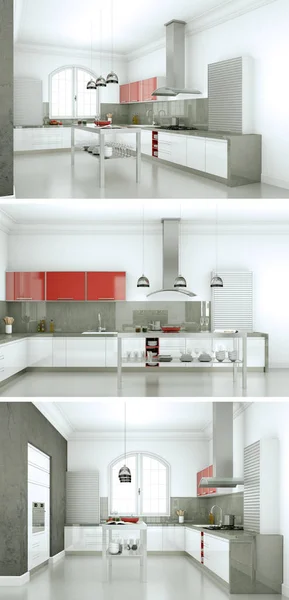 Tre viste di una cucina moderna con un bel design — Foto Stock