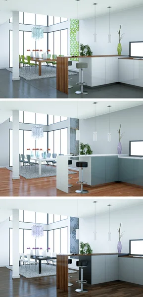 Tři barevné varianty moderní kuchyně s nádherným designem — Stock fotografie