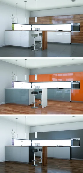 Tre varianti di colore di una cucina moderna con un bel design — Foto Stock