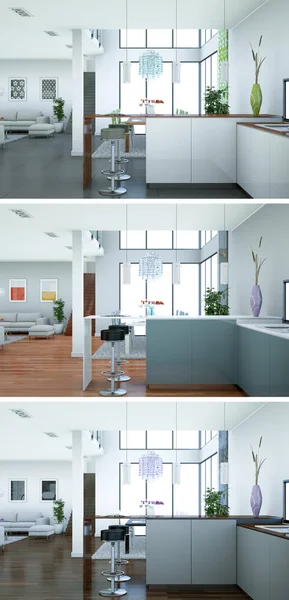 Three color variations of a modern kitchen with a beautiful design — Stock Photo, Image