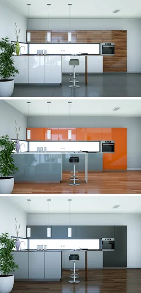 Três variações de cores de uma cozinha moderna com um belo design — Fotografia de Stock
