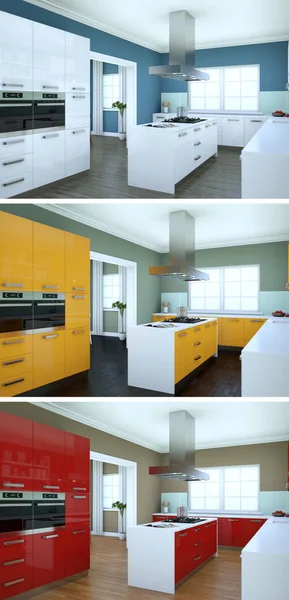 Trois variations de couleurs d'une cuisine moderne avec un beau design — Photo