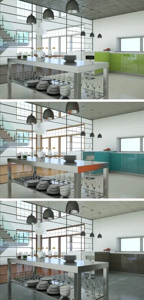 Три цветовых вариации современной кухни с красивым дизайном — стоковое фото