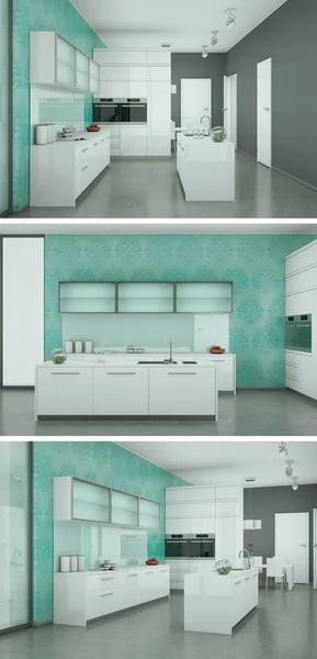 Tres vistas de una cocina moderna con un hermoso diseño — Foto de Stock