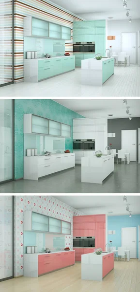 Drie kleurvariaties van een moderne keuken met een mooi ontwerp — Stockfoto