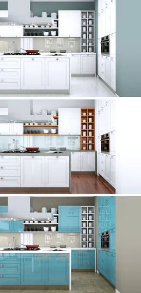 Три кольорові варіації сучасної кухні з красивим дизайном — стокове фото