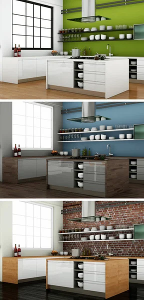 Three color variations of a modern kitchen with a beautiful design — Stock Photo, Image