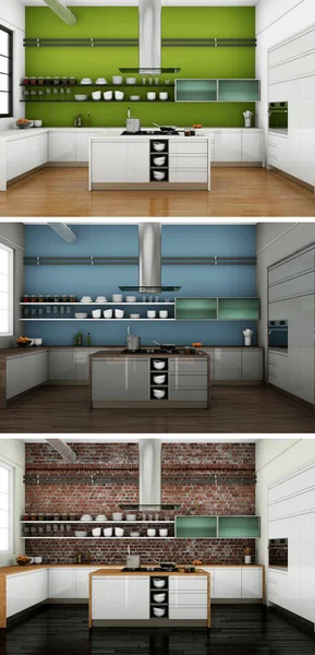 Güzel bir tasarım ile modern bir mutfak üç renk varyasyonları