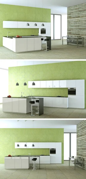 Three views of a modern kitchen with a beautiful design — Stock Photo, Image